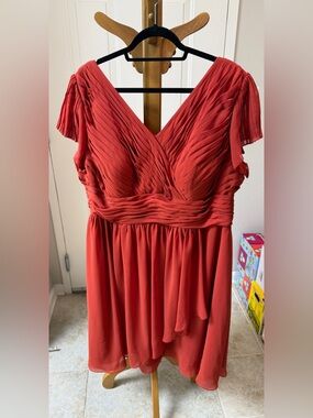 Azazie Burnt Orange Pleated V-Neck Chiffon Dress